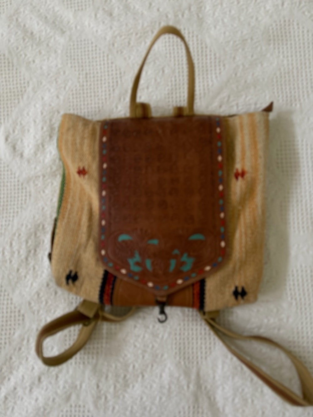 Myra Bag Tan Woven Backpack with Brown Leather Flap and Turquoise Accents